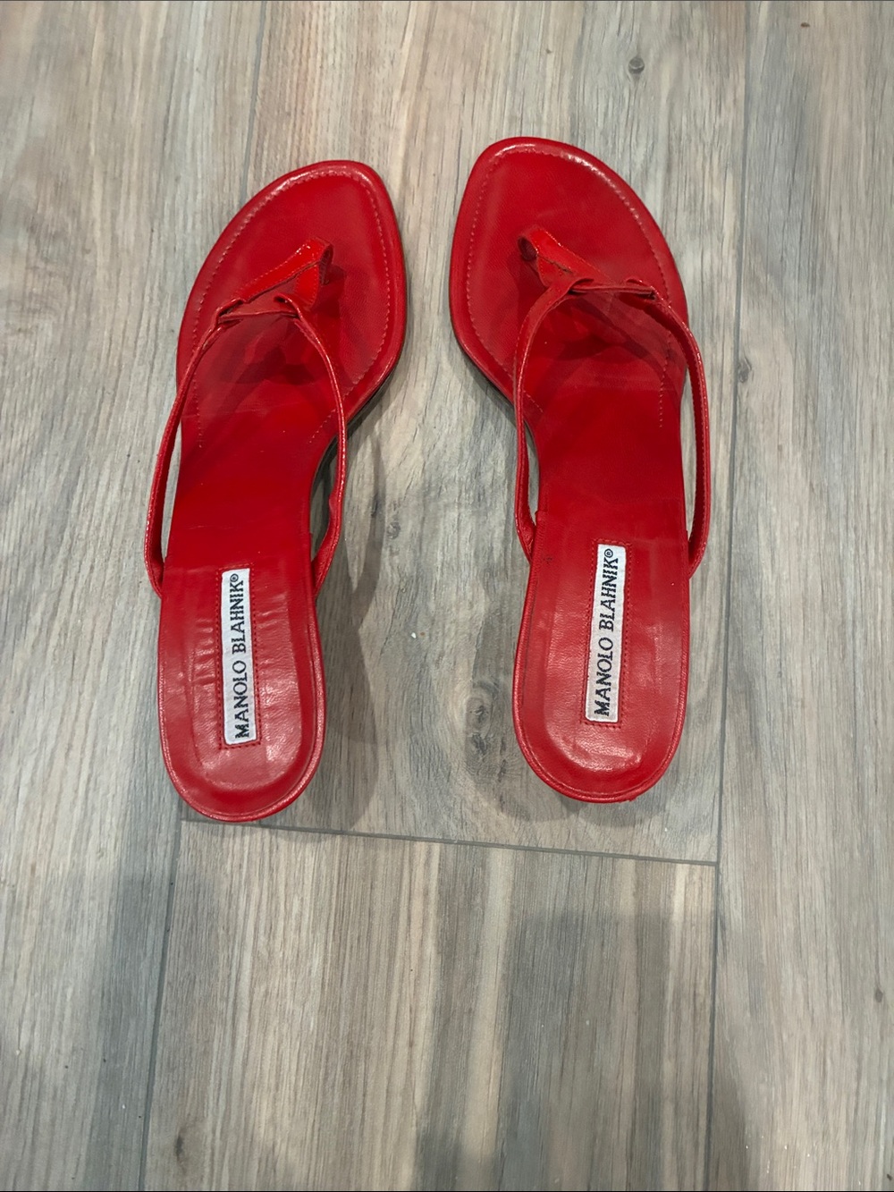 Manolo Blahnik Red Leather Slim-Strap Thong Sandals SIZE 8